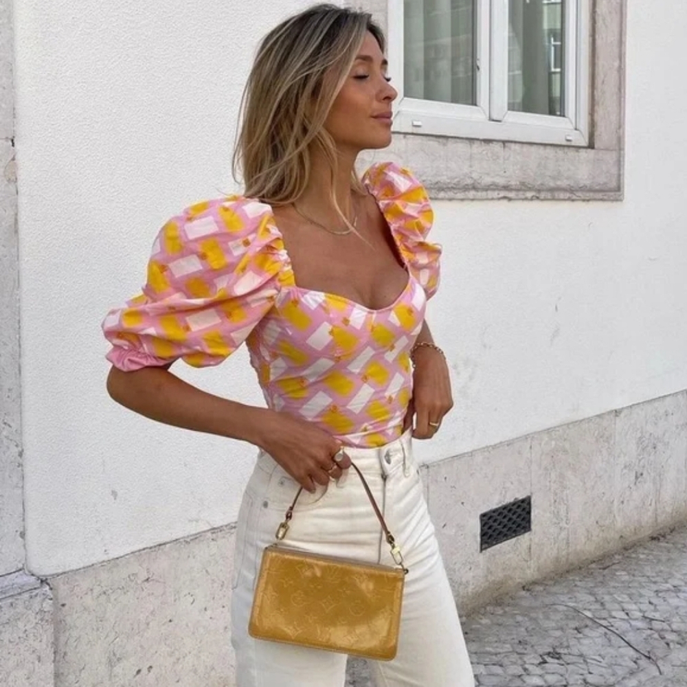 Zara Pink and Yellow Puff Sleeve Top